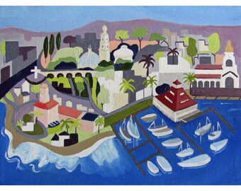 San Diego Art Print: Contemporary Regionalist Folk Abstract Cityscape Giclee