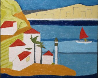 Point Loma Lighthouse Oil Painting: San Diego Seascape Folk Art