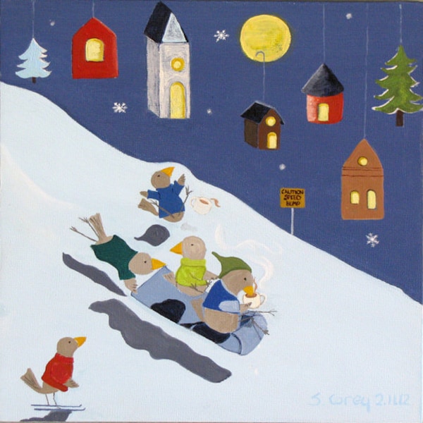 Original Painting Sledding Animals Birds, The Tobogganers, Winter family art,  by Sandra Corey, FREE DOMESTIC SHIPPING