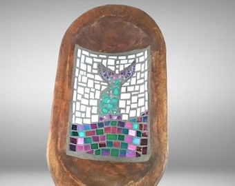 Rhinestone Mermaid Tail in the Ocean Mosaic in Rustic Santa Fe Style Wood Bowl, stained glass mosaic art, collectible, wall or table