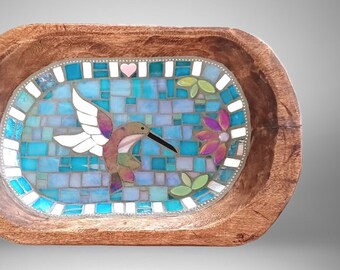 XL Hummingbird Mosaic in Santa Fe Style Large Rustic Wood Bowl, stained glass mosaic art, nature scene, keepsake for table or wall