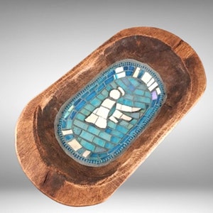 Ancient Stone Angel Mosaic in Rustic Oval Wood Bowl, Smalti Tiles, wall art or table decor image 1