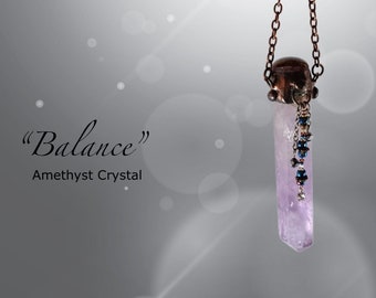 BALANCE Amethyst Crystal Pendant Necklace with micro beading, decorative solder and antique copper finish + long chain