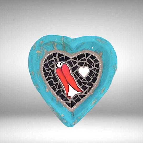 Red Chile Peppers Tile Mosaic in Rustic Santa Fe Style Wood Small Turquoise Heart Bowl -- for wall or table