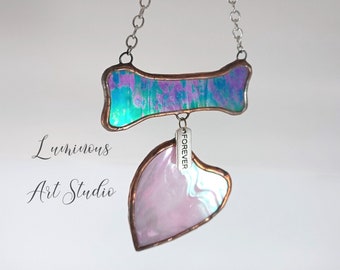 Iridized Blue Dog Bone with Pink Heart and 'Forever' tag, Stained Glass Suncatcher, pet keepsake, ornament or pet memorial