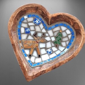 XL Romping Moose Mosaic in XL Wood Heart Bowl, for wall or table