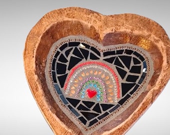 ON RESERVE. Small Rainbow Heart Mosaic in Rustic Santa Fe Style Wood Heart Bowl, mosaic art collectible, tabletop