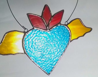 Southwestern Heart with gold mirror wings and Textured Aqua Blue stained glass, suncatcher or wall art