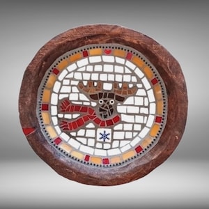 Winter Moose in Red Scarf Mosaic in Round Hand-Carved Wood Bowl, wall art or table decor