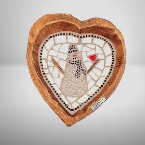 Sparkly Snowman Mosaic with Rhinestones in Rustic Wood Small Heart Bowl, for table decor