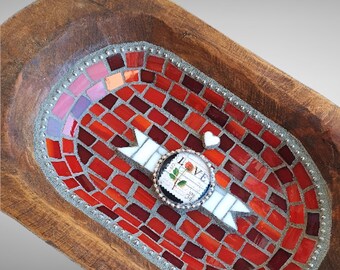 Red Rose Love Stamp Mosaic in Rustic Santa Fe Style Wood Bowl, rhinestone cabochon and stained glass mosaic art collectible