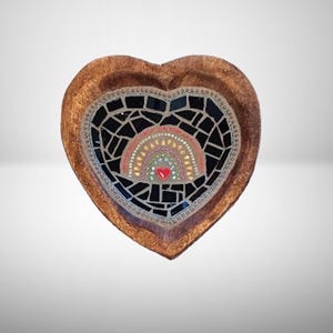 Rainbow Mosaic in Small Rustic Wood Heart Bowl, table decor