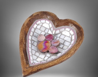 Pink Iridized Glass Pet Paw with Mother of Pearl Tiles Dimensional Mosaic in Rustic Small Wood Bowl Heart, mosaic art collectible