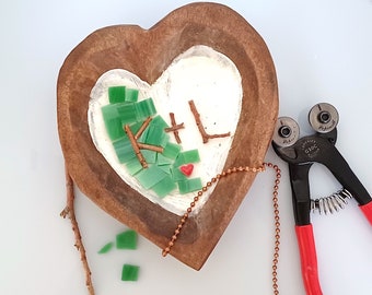 Customize a Nature Heart Wood Bowl Mosaic with Real Twig Initials, Green Glass Tiles and Tiny Heart Tile, nature art, wedding, love