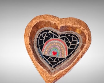 ON RESERVE. Small Rainbow Heart Mosaic in Rustic Santa Fe Style Wood Heart Bowl, mosaic art collectible, tabletop