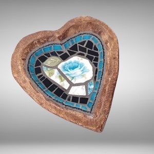 Blue Rose Picassiette Mosaic in Rustic Wood Heart Bowl, wall or table