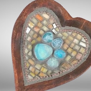Blue Shimmer Glass LOVE PAW Mosaic in Rustic Small Heart Wood Bowl, stained glass mosaic art, dog or cat paw, for wall or table