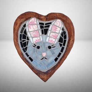 Spring Bunny Mosaic with Pink Broken China Tiles in Small Rustic Wood Heart Bowl, wall or table