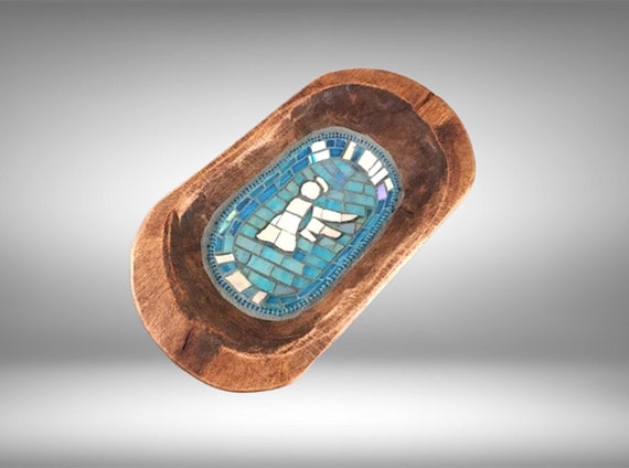 Ancient Stone Angel Mosaic in Rustic Oval Wood Bowl, Smalti Tiles, wall art or table decor