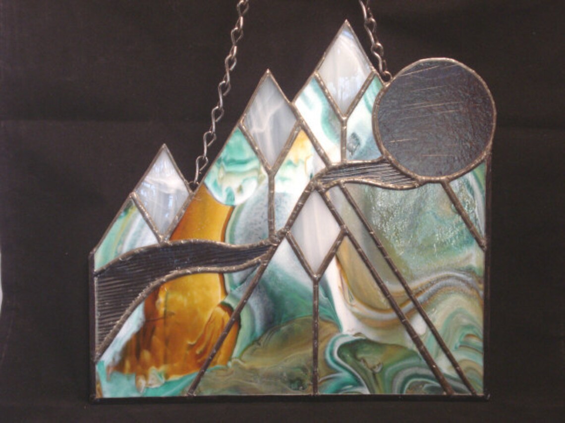 Mountain Peaks at Sunset stained glass for wall or window | Etsy