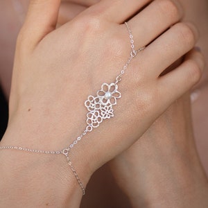 Sterling Silver Ring Bracelet- lace floral silver- bohemian style- body bracelet- hand chain bracelet - adjustable wrist -Bridal jewelry