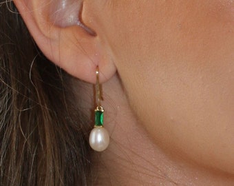 Baroque pearl earrings with Green or Blue cubic or Aqua zircon, Dainty gold/rose/sterling silver drop earrings. Christmas gift
