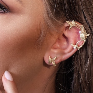 Leaves Ear Cuff, Leaves and pearls Jewelry, ear crawler, ear climber, ear wrap, ear jacket, sterling silver ,18ct gold plated, non pierced