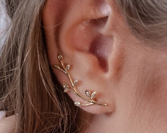 Leaves  Ear cuff , Ear Climber,  branch climbing earring .bridal earring,  Gold Earring. Sterling silver 925 gift for her. Christmas gift