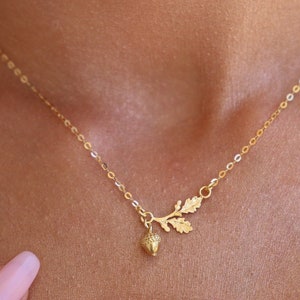 Acorn Necklace, Oak Leaf Necklace, Dainty Asymmetrical Necklace, Bridal & Bridesmaids Jewelry, Sterling Silver / Gold, Woodland Wedding Gift