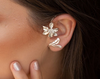 Orchid Floral Ear Cuff, orchid Jewelry, ear jewelry, ear climber, ear wrap, ear jacket, sterling silver , non pierced