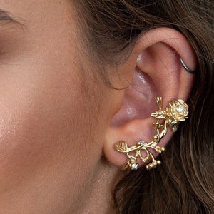 Rose flowers Ear Cuff, Rose Jewelry, ear crawler jewelry, ear climber, ear wrap, 18ct gold plated, sterling silver 925 Ear Cuff image 1