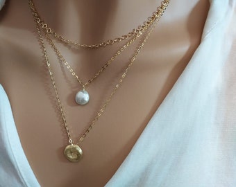 Third Layered Necklace Set, Set of 3 Necklaces, Gold,OR Silver, Pearl, Layering Necklaces, ,delicate ,Layered, Hanukkah gift, Christmas gift