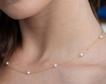 Solid Gold  Choker- Dainty Pearl -14k Real Gold- Delicate -Simple- Pure Gold Necklaces- Gift for Her- Bridal Necklace - Wedding Jewelry
