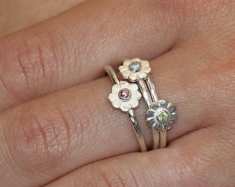 Stapelring, Natuurlijke Edelsteenring, Zilveren Ring 925.  Flower Solitaire Ring . SINGLE Solitaire Ring, Delicate Sieraden, Geschenken voor haar ,