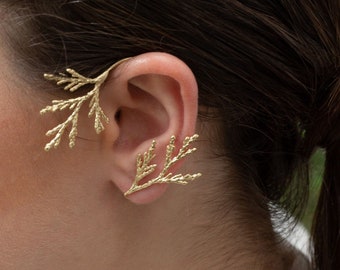 Cypress leaves Ear Cuff, Cypress leaves Jewelry, ear jewelry, ear climber, ear wrap, ear jacket, gold ear, non pierced. sterling silver cuff