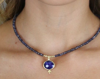 Natural Iolite choker with blue Sapphire Center , Sapphire choker. sapphire Pomegranate, gold necklace , Gemstone Choker , gift for her