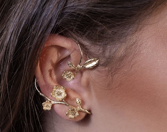 leaf ear cuff earrings for nature jewelry lovers. Pair handmade gold branch ear pin earring made of 18k gold plated brass 