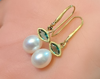 Pearl earrings .sterling silver 925 or Gold plated with Blue Apatite , Vintage Pearl Earrings, Dainty drop earrings.