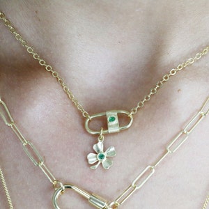 Carabiner choker necklace, With a lucky clover small flower.  padlock choker, Screw Lock Clasp  ,18ct gold vermeil necklace,