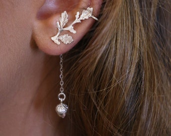 Oak Leaf climbing and acorn Ear, 925 silver oak leaf cuff,  leaf jewelry, Ear Climber Earrings , Minimalist earring.  gift for her