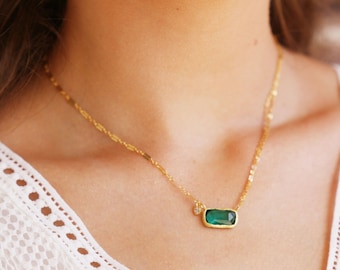 Gold Green necklace birthstone necklace. Rectangle necklace. Christmas colors. gold vermeil