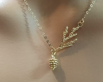 Conifer cone Necklaces on Pine branch sterling silver .Gold  vermeil or rose gold vermeil .Necklaces with Conifer cone and Pine branch.