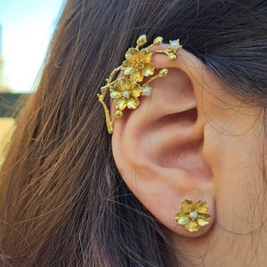 flower Ear Cuff, flower and pearls Jewelry, ear crawler, ear climber, ear wrap, ear jacket, Sterling Silver  gold cuff, no piercing needed