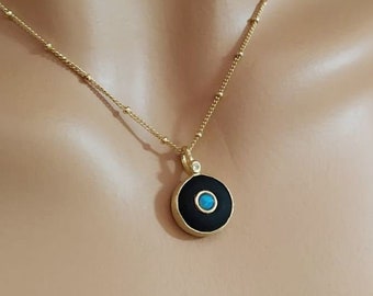 Evil Eye Charm /  Gold Necklace with black Onyx, blue opal  / Protective Pendant / Minimal necklace