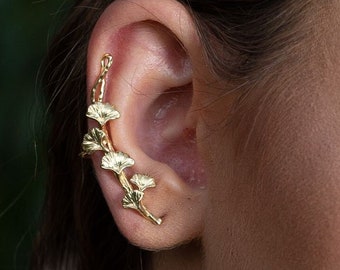 Ginkgo Leaf Earring . Cute Leaf Ear cuff, Ear Climber, branch Ginkgo climbing  earring .bridal ,  Gold  Earrings. gift for her.