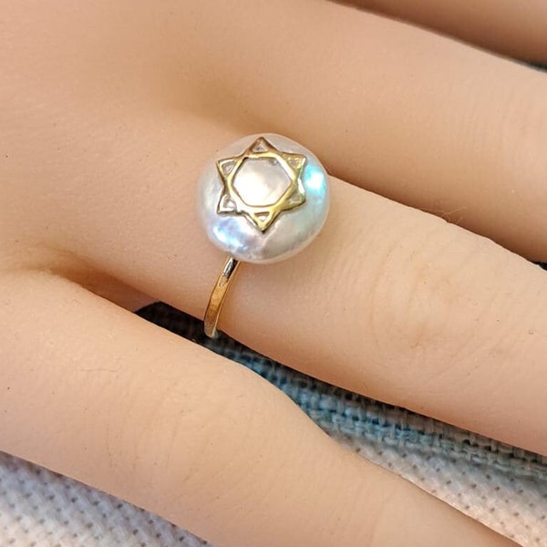 Minimalist Pearl Ring, Israel Star David  Jewelry,  pearl Magen David Ring,  pearl Star Pendant . Gold Ring