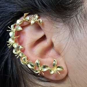 Gold jacket ear cuff orchids earring , ear crawler wedding jewelry, ear climber, ear wrap, ear  jacket. statement ear. no piercing needed