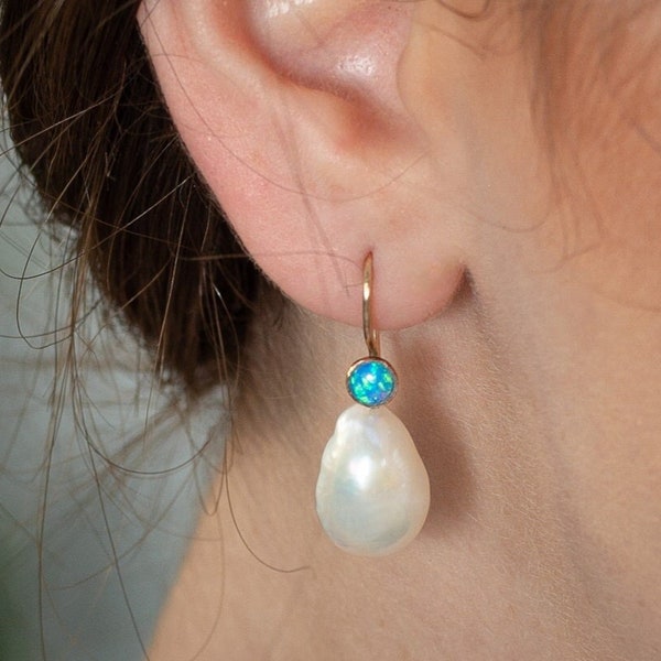 Baroque pearl earrings, White  pearl earrings With  Blue Opal , 14ct gold filled or silver, drop earring  Gold Earrings, boho chic