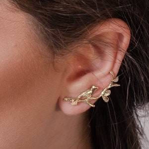 Leaves and cute bird Ear cuff , Ear Climber,  branch and cute bird climbing earring .bridal earring,  Gold Earring. gift for her