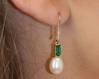 Baroque pearl earrings with Green or Blue cubic or Aqua zircon, Vintage Pearl Earrings, Dainty gold/rose/sterling silver drop earrings